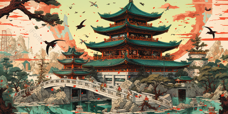 中秋节中国风城市桥边建筑插画背景,插画/手绘图,插画/手绘图库,插画/手绘图下载,插画/手绘